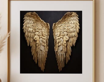 Golden Angel Wings Digital Download – Luxurious Gold Feather Wall Art, Modern Textured Digital Print #948