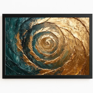 Gold Spiral Abstract Digital Print, Green Teal and Gold Textured Vortex Wall Art Instant Digital Download #1659