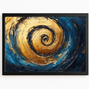 Golden Spiral Abstract Digital Download, Blue Gold Modern Texture Swirl Wall Art Digital Print #1657
