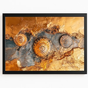 Golden Ammonite Fossil Wall Art Digital Download, Textured Nautilus Shell Abstract Digital Print #1513