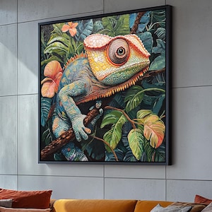 Vibrant Chameleon Digital Print, Tropical Jungle Reptile Art, Colorful Wildlife Painting, Digital Download #1397