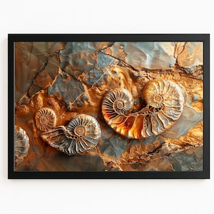 Ammonite Fossil Texture Art Digital Download, Golden Nautilus Shell Abstract, Fossil Wall Decor Digital Print #1512