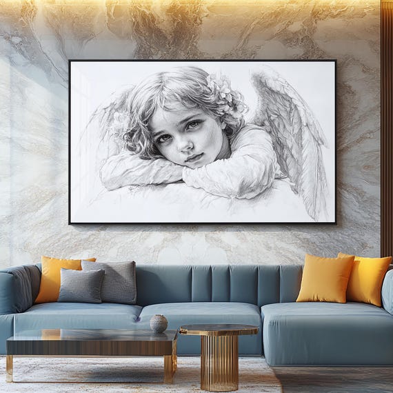 天使の子供 鉛筆画 | リアルなスケッチアート | 天国の壁飾り