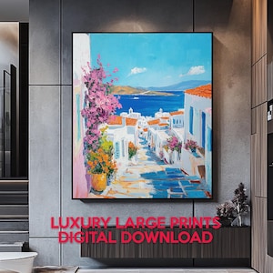 Greek Island Street Scene | Mediterranean Coastal Art | Santorini Mykonos Digital Print | Digital Download #1320