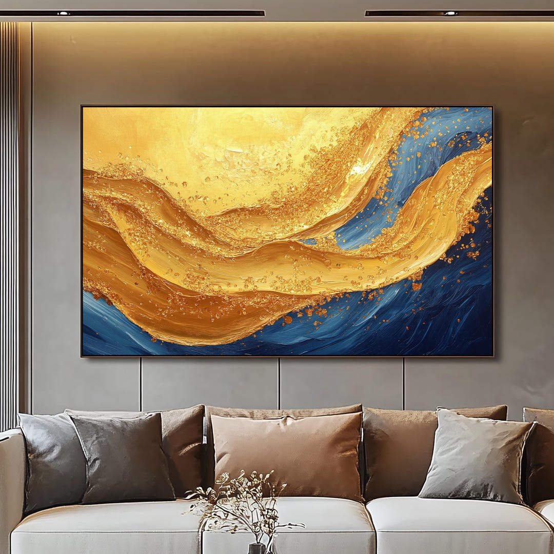 Luxury Gold and Blue Abstract Waves Digital Print, Modern Wall Art ...