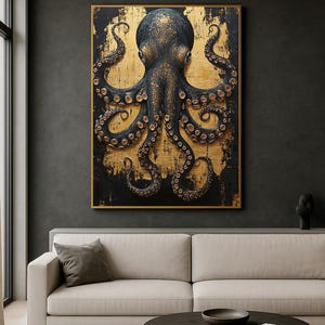 Gold and Black Octopus Wall Art Digital Download, Abstract Marine Life Digital Print #1411