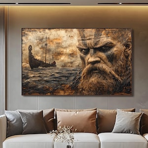 Viking Warrior and Drakkar Digital Download, Nordic Mythology Wall Art, Norse Battle Painting Digital Print #1185