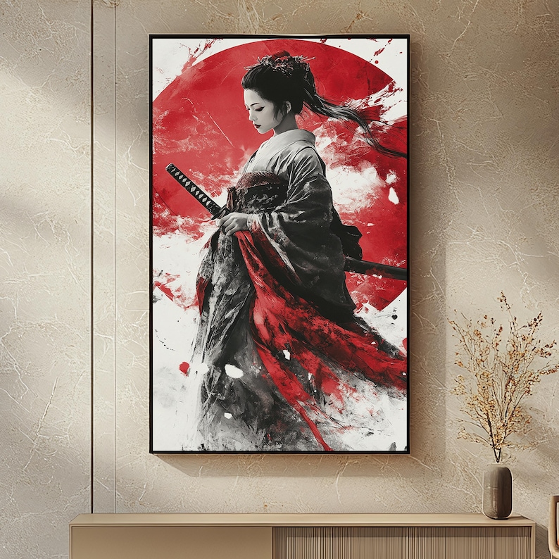 Samurai Geisha Digital Art | Red and Black Japanese Warrior Wall Decor ...