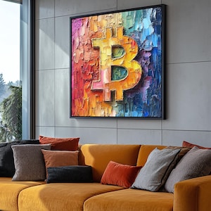 Textured Bitcoin Painting, Bitcoin Abstract Digital Print, Colorful Crypto Art, Modern Blockchain Wall Decor Digital Download #1503