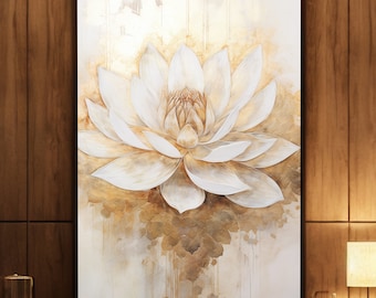 White and Gold Water Lily, Luxury Lotus, Digital Wall Art, Ready to Print CMYK PDF #768
