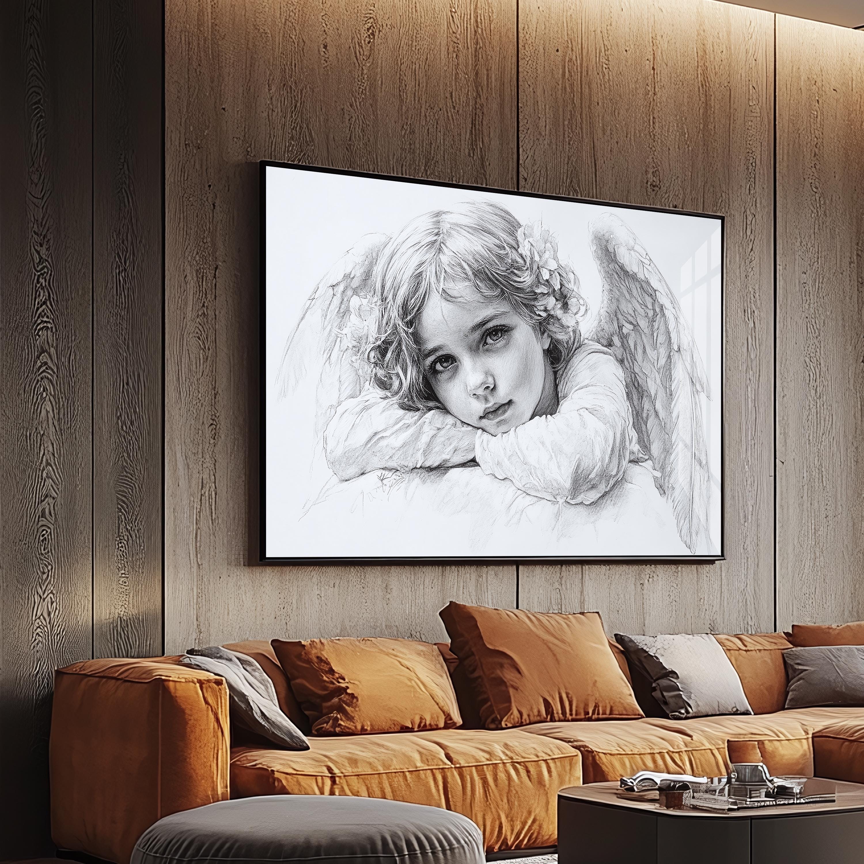 天使の子供 鉛筆画 | リアルなスケッチアート | 天国の壁飾り