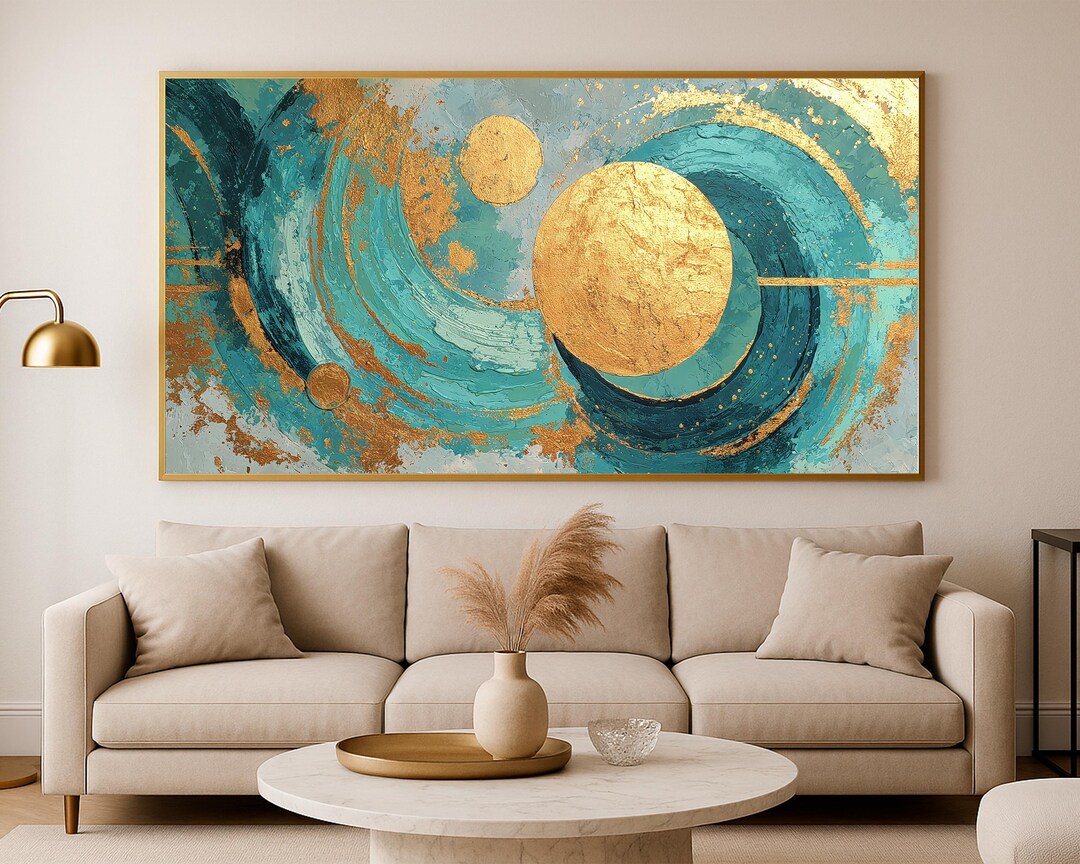 Teal Gold Abstract Wall Art Turquoise Orbit Circles Modern Painting ...