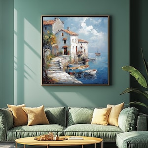 Coastal Mediterranean Village Digital Art | Serene Seaside Wall Decor #1129