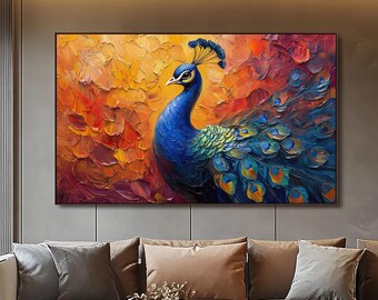 Peacock Painting Digital Download, Colorful Peacock Wall Art, Elegant Bird Art, Textured Digital Print for Home Decor & TV Frame ART #1568