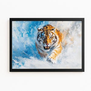 Impresión digital de tigre en acción, descarga digital de vida silvestre, arte mural de tigre majestuoso, lienzo de animales, pintura digital azul vibrante n.° 1580