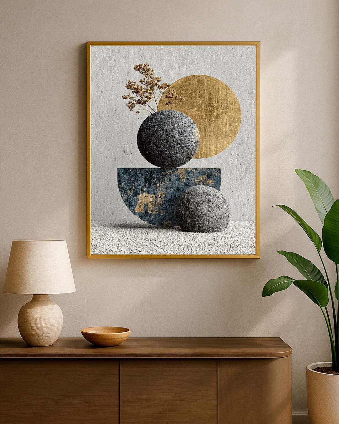 Zen Stone Still Life Wall Art, Neutral Japandi Print, Gold Circle ...