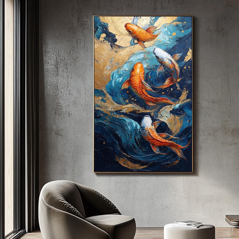 View of Koi Fish Art Digital Download | Feng Shui Goldfish Painting | Japanese ...