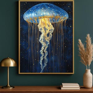 Celestial Jellyfish Wall Art Digital Download, Glowing Deep Sea Digital Print Ocean Illustration #1766