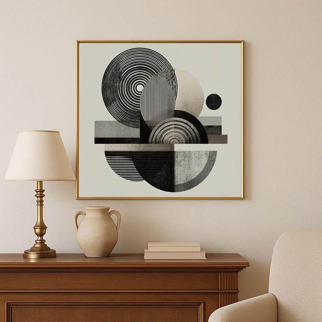 Black and White Geometric Abstract Print, Mid Century Modern Bauhaus ...