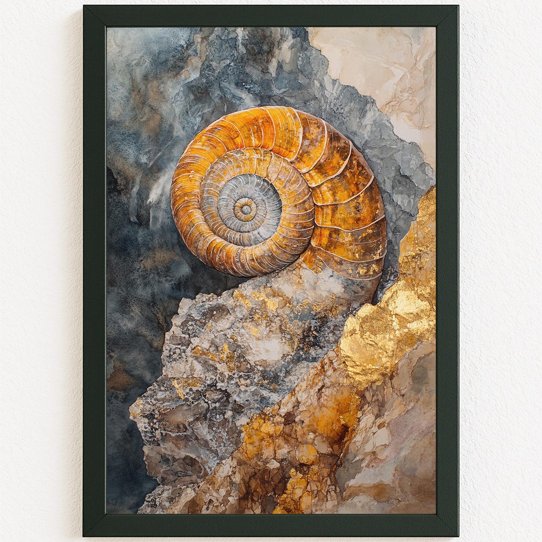 Golden Ammonite Fossil Watercolor Digital Download Earthy