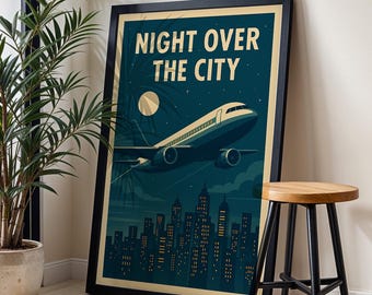 Mid-Century Aviation Poster: Retro Airplane Night City Wall Art (Digital Download)