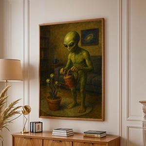 Alien Watering Plant – Surreal Sci-Fi Wall Art Printable, Alien Decor, Digital Art Poster for Quirky Interiors, No Text - Digital Download