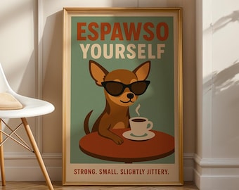 Funny Chihuahua Coffee Poster: Retro Mid-Century Dog Art (Digital Download)
