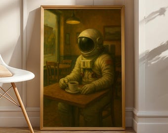 Astronaut Coffee Break Print: Whimsical Sci-Fi Cafe Poster (Digital Download
