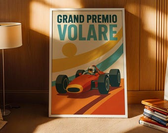 Plakat wyścigowy w stylu retro z Włoch: wydruk artystyczny samochodu Formuły 1 (pobranie cyfrowe)