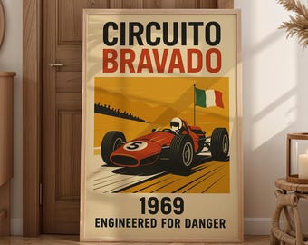 Plakat wyścigowy w stylu vintage z Włoch, wydruk retro samochodów, grafika ścienna do pobrania – Circuito Bravado