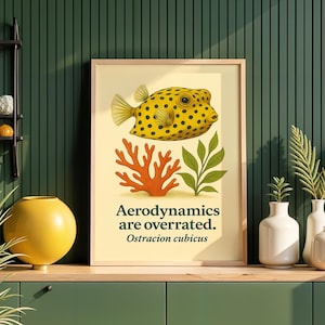 Vintage Fish Poster – Funny Boxfish Print, “Aerodynamics Are Overrated” | Printable Marine Animal Art | Digital Download