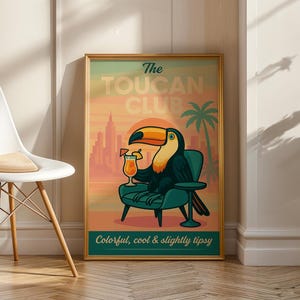 Retro Toucan Poster - The Toucan Club - Tropical Cocktail Wall Art, Fine Art Print (Unframed)