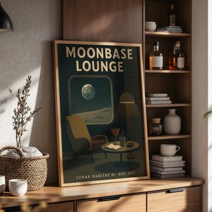 May include: A framed poster with the text "MOONBASE LOUNGE" and a retro illustration of a lunar scene. The artwork depicts a yellow chair, a small table with drinks, and a view of the moon. The text "LUNAR HABITAT 01 - EST. 1972" is also visible.