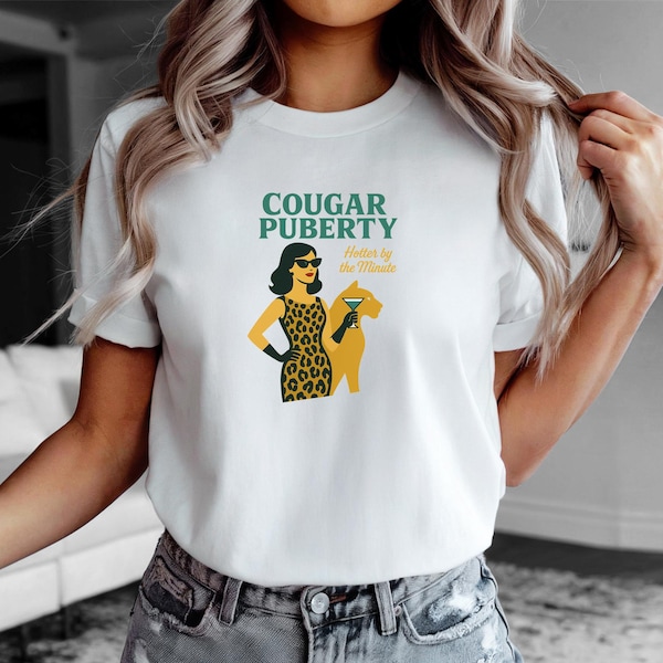 Cougar Pubertäts-T-Shirt: Lustiges Retro Leoparden-Cocktail-Grafik-T-Shirt
