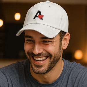 Pode incluir: Boné de beisebol branco com a letra "A" preta e um design de coração vermelho. A pessoa está vestindo uma camiseta azul. Fichas de pôquer vermelhas, azuis e verdes empilhadas na mesa. A pessoa está segurando cartas de baralho.