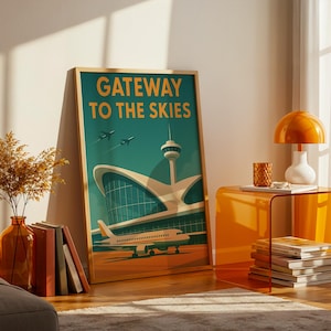 May include: A framed art print with the text "Gateway to the Skies" features a vintage-style illustration of an airport terminal and a passenger airplane. The artwork is in a gold frame and leans against a wall. A modern orange side table and lamp are also in the room.