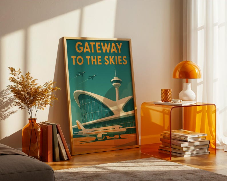 May include: A framed art print with the text "Gateway to the Skies" features a vintage-style illustration of an airport terminal and a passenger airplane. The artwork is in a gold frame and leans against a wall. A modern orange side table and lamp are also in the room.