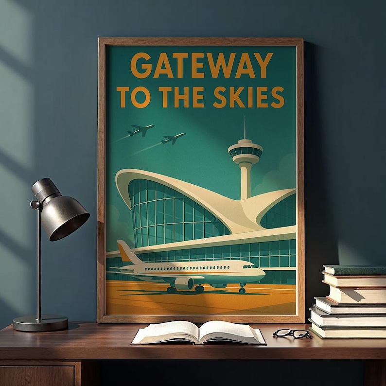 May include: A framed art print with the text "GATEWAY TO THE SKIES" above an illustration of an airport terminal, control tower, and airplane. The artwork features a retro travel poster style with teal, orange, and white colors.