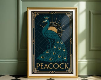 Art Deco Peacock Print | Teal & Gold Vintage Wall Art