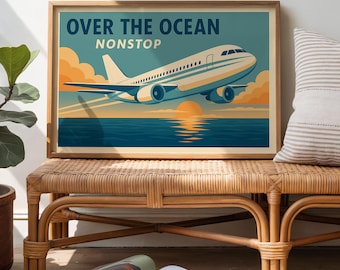 Mid-Century Airplane Travel Poster: Retro Jet Age Seascape (Digital Download