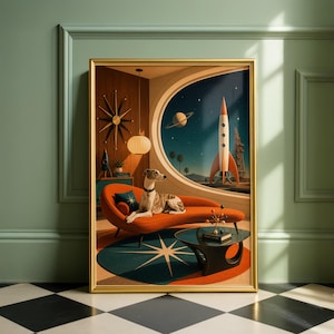 May include: A framed mid-century modern art print featuring a greyhound dog lounging on an orange sofa. The artwork depicts a retro-futuristic scene with a rocket ship, planets, and a starburst clock. The room has a large circular window.