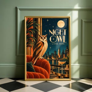 Art Deco Nattugla Poster, Mid Century Modern Väggkonst, Stadslandskapstavla