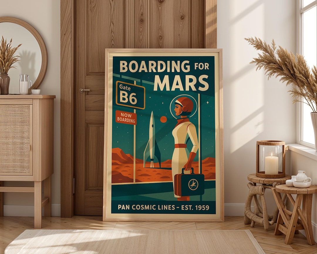 Retro Space Age Travel Poster, Jet Age Sci-fi Wall Art - Boarding for ...
