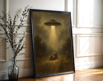 Art Print UFO-ontvoering: oldtimer, surrealistische scifi (digitale download)