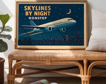 Mid-Century Airplane Poster: Jet Age Travel Print, Retro Cityscape (Digital Download)