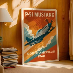 P-51 Mustang Poster – Vintage WWII Fighter Aircraft Print – Mid-Century Style Propeller Plane Wall Art – Digital Download
