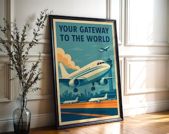 May include: Framed vintage-style travel poster with the text "YOUR GATEWAY TO THE WORLD." The poster features a large airplane taking off, with other planes on the ground and in the sky, set against a blue sky and city skyline.