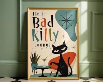 Bad Kitty Lounge Print, Mid Century Modern Katze Poster, Retro Wandkunst (Digitaler Download)