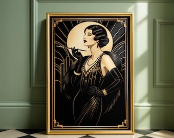 Art Deco Woman Print, 1920s Black and Gold Glamour, Fine Art