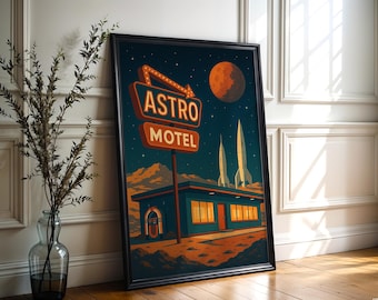 Retro Sci-Fi Astro Motel-affisch: Modern rymdkonst från mitten av århundradet (digital nedladdning)